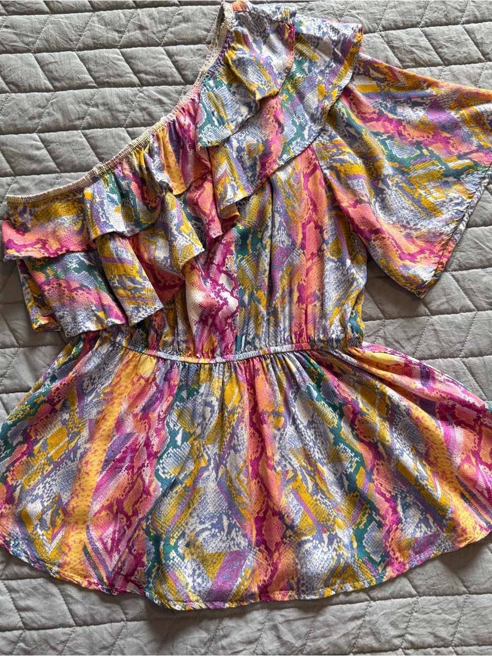 Savanna Jane Pink Yellow Teal Ruffle One-Shoulder stretchy cinched waist blouse